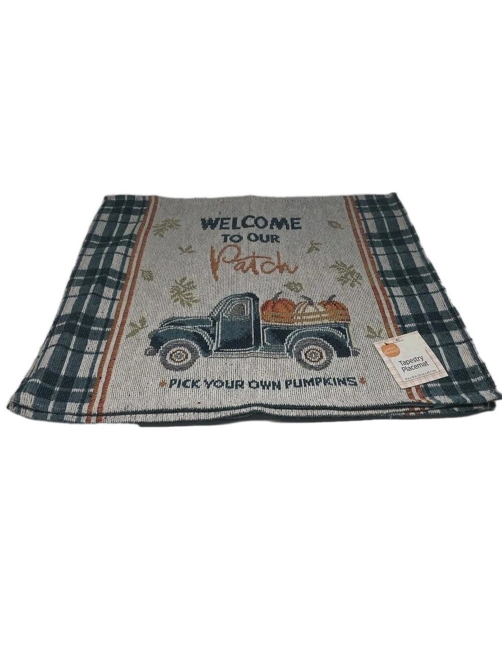Placemats WELCOME TO OUR PATCH Pumpkin Truck Plaid Set of 4 Fabric New 13”x18” .